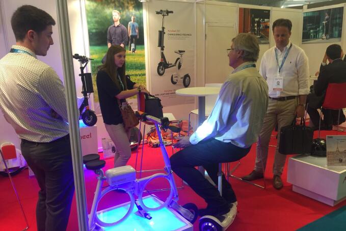 On the spot, visitors swoon over the Airwheel S series, two wheel self-balancing electric scooters, such as S3, S5, S8 and S9.